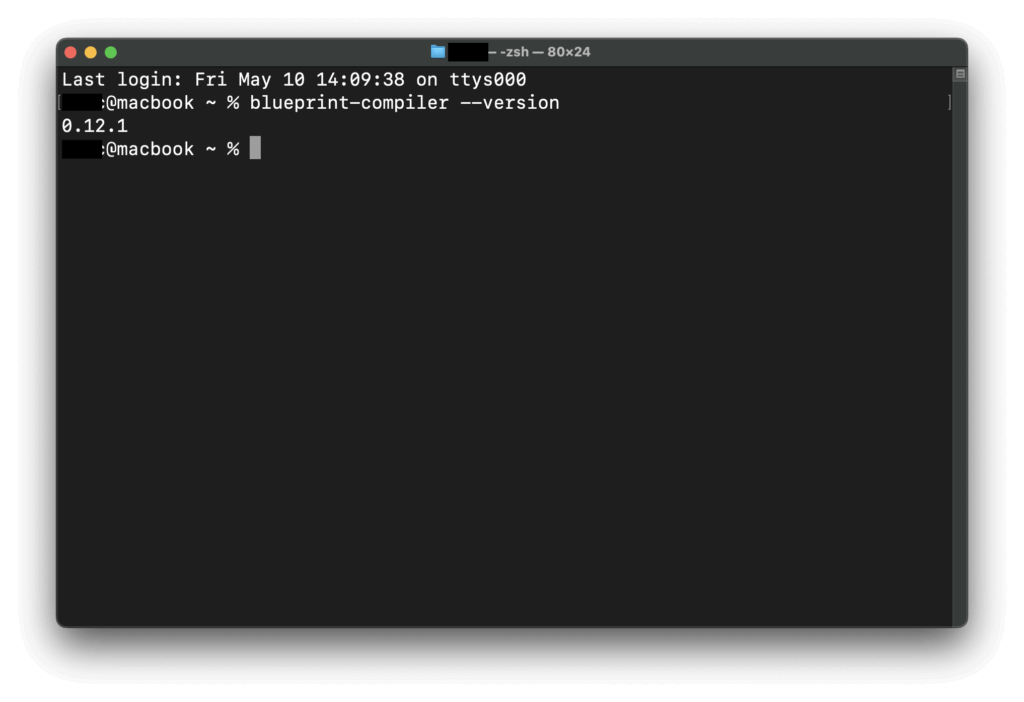 Exibindo a versão do blueprint-compiler no terminal do macOS.