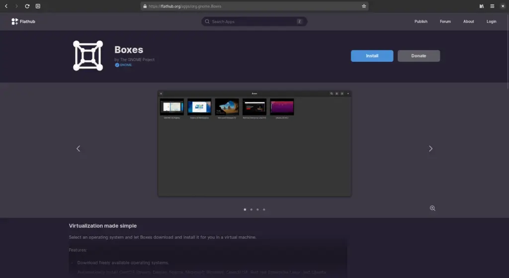Aplicativo Gnome Boxes no Flathub.