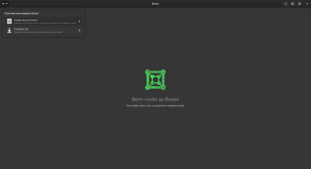 Criando uma nova maquina virtual no Gnome Boxes.