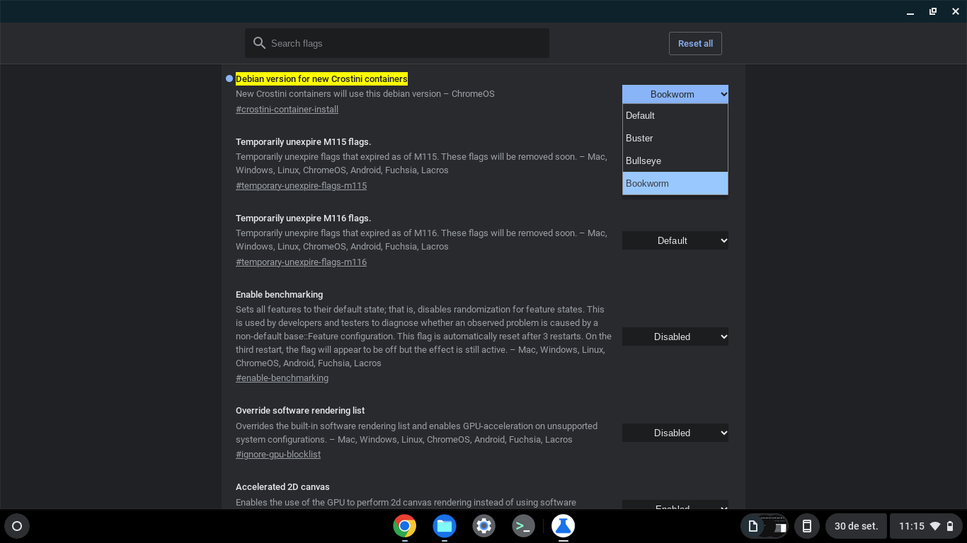 Versões do Debian disponíveis no ChromeOS.