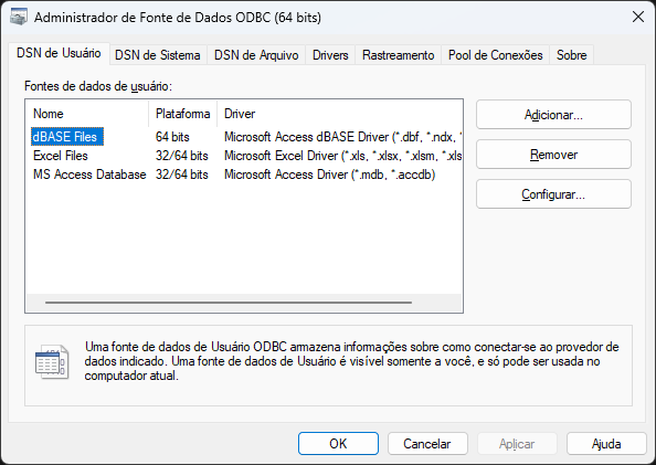 Administrador de Fonte de Dados ODBC no Microsoft Windows.