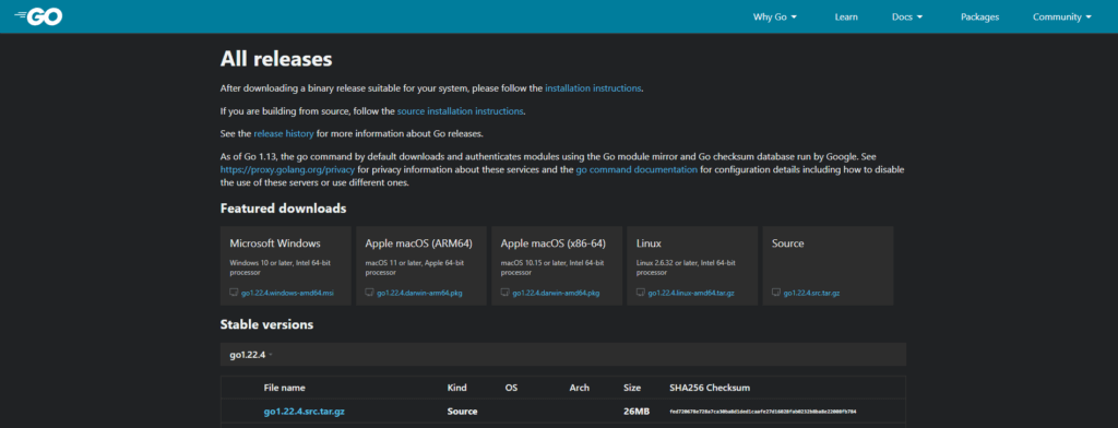 Página de download da linguagem de programação Go (golang).