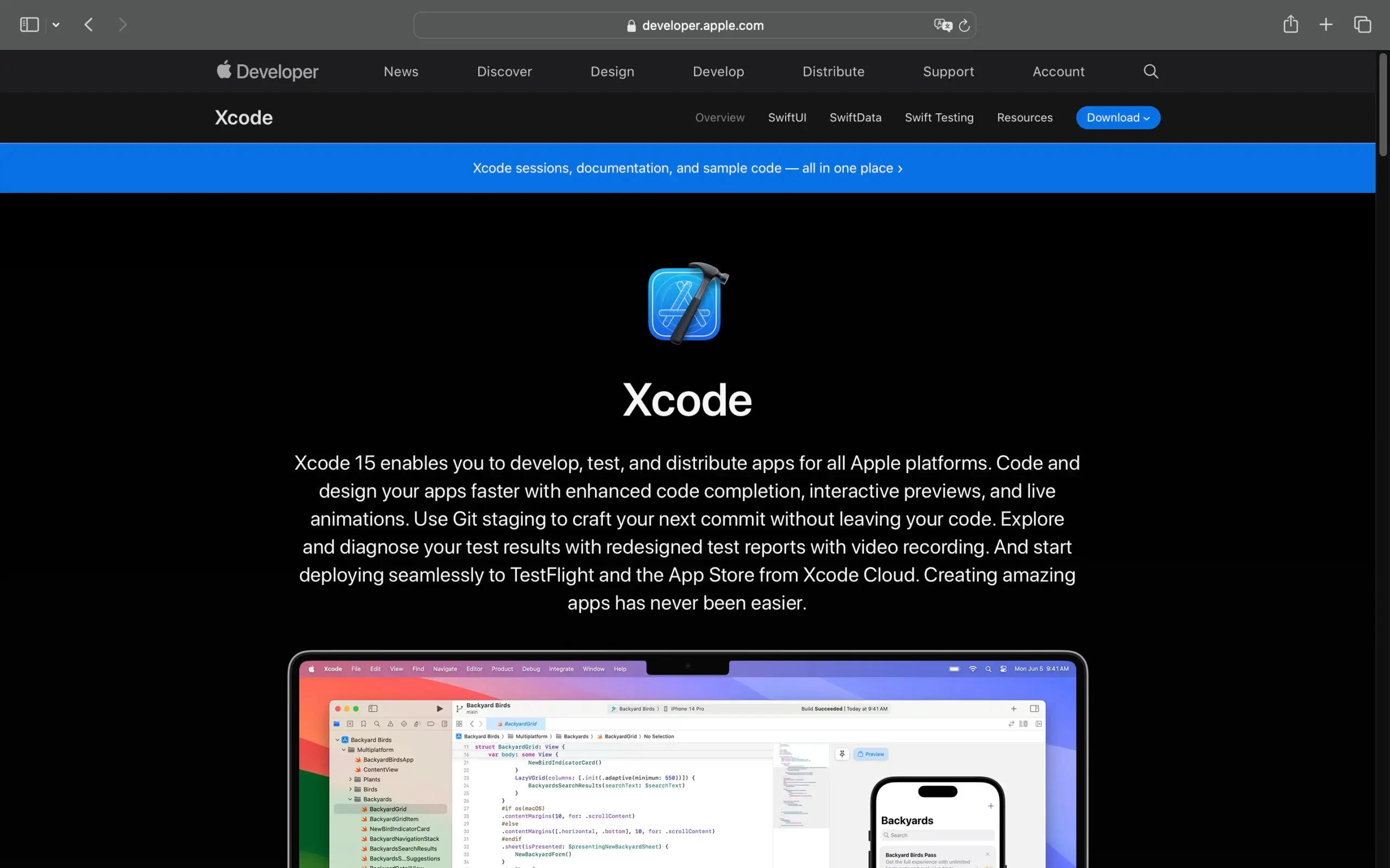 Site oficial do IDE Xcode.