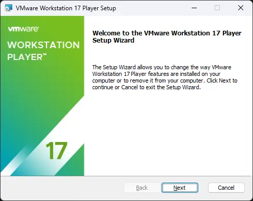 Executando o instalador do VMware Workstation no Microsoft Windows.